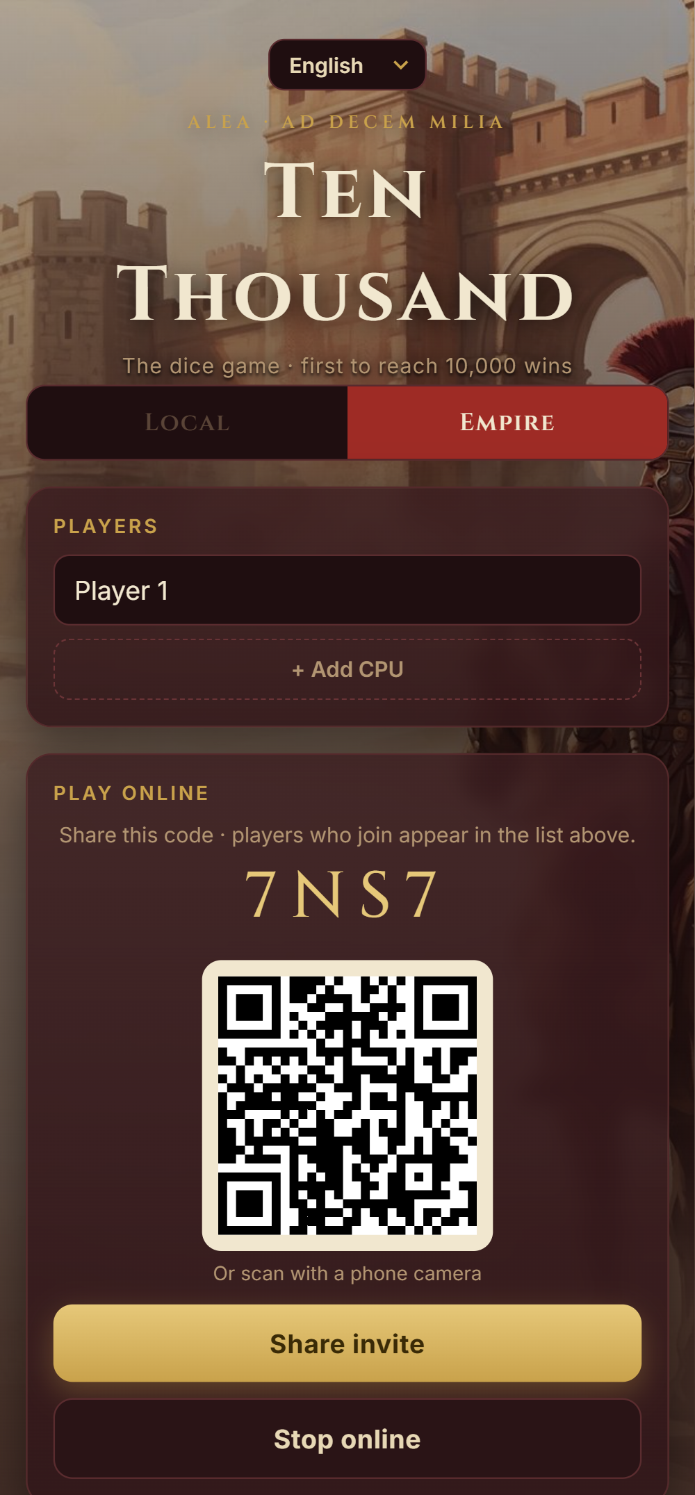 „Ten Thousand“ im Empire-Modus: Spielcode und QR-Code zum Einladen von Spielern